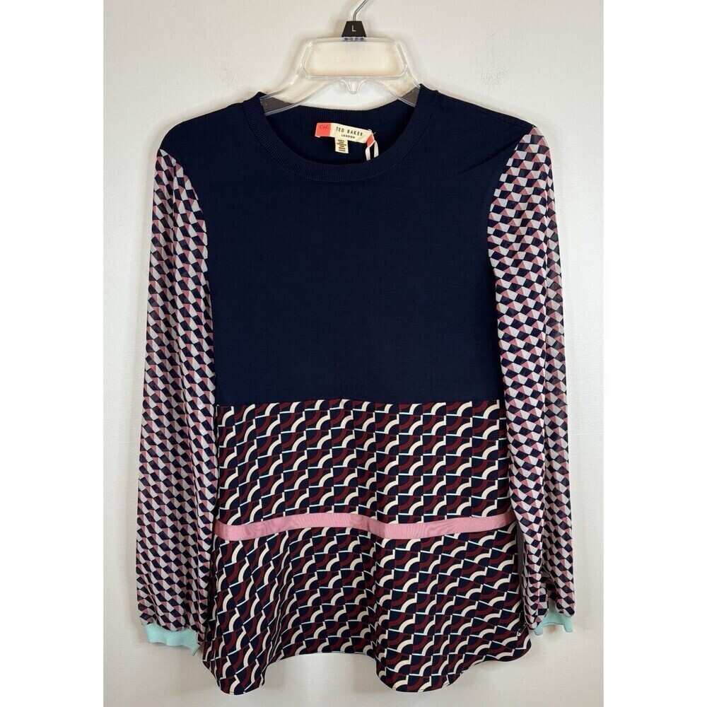 TED BAKER Color by Numbers Woven Mixed Media Print Top Women US 4 Navy Tunic